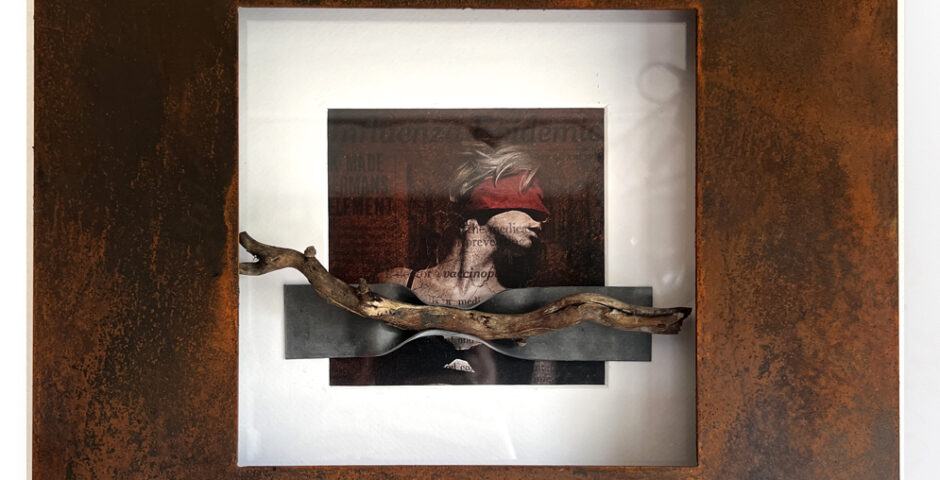 Scarred for Life 2020 ^ 34 cm x 34 cm Cold rusted Steel - lead - dead wood <br> Price 450 € (VAT included)